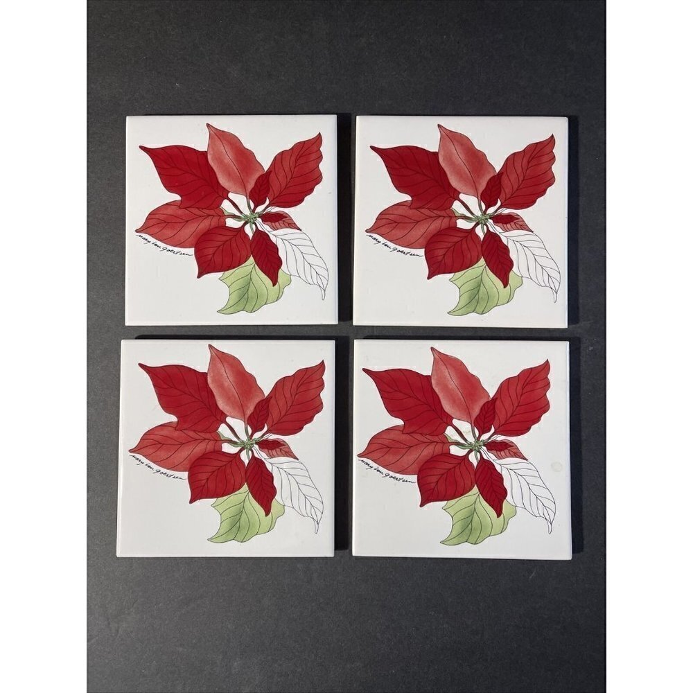 POINSETTIA 4 3/8" Ceramic Tile Coasters Set Of 4 Mary Lou Goertzen Christmas Box